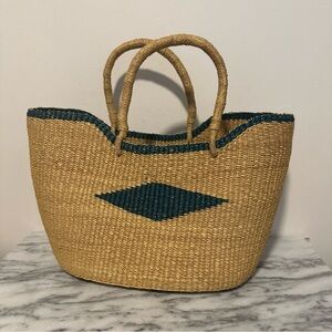 African Handwoven Tan and Green Tote market garden Bag new NWOT